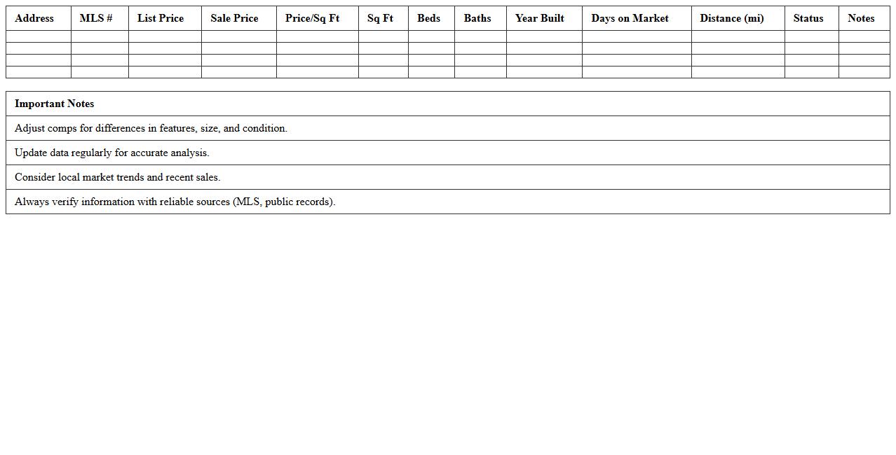 Comparative Market Analysis Excel Template for Residential Listings