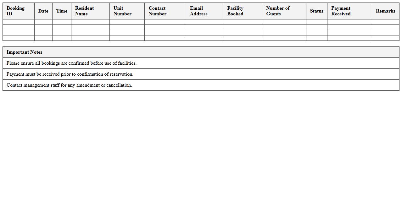 Condo Booking and Reservation Log Excel
