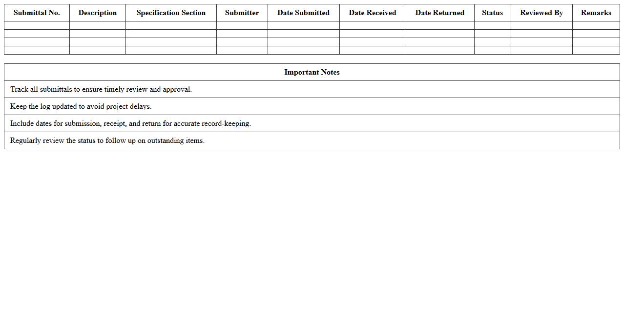 Construction Submittal Tracking Log Excel Template