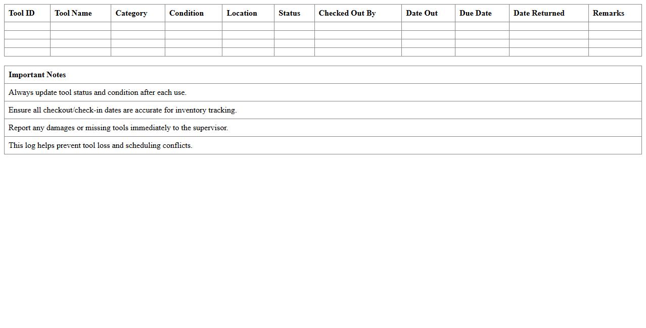 Construction Tool Inventory and Checkout Log Excel Template