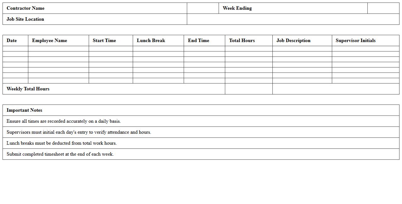 Contractor Job Site Employee Timesheet Excel