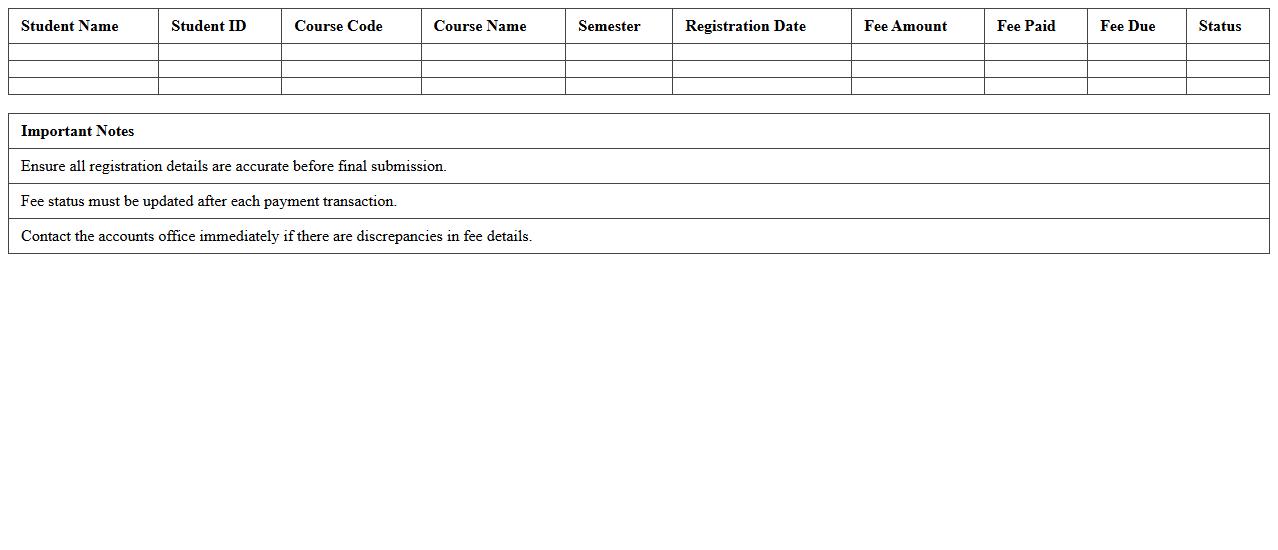 Course Registration and Fee Status Excel Template