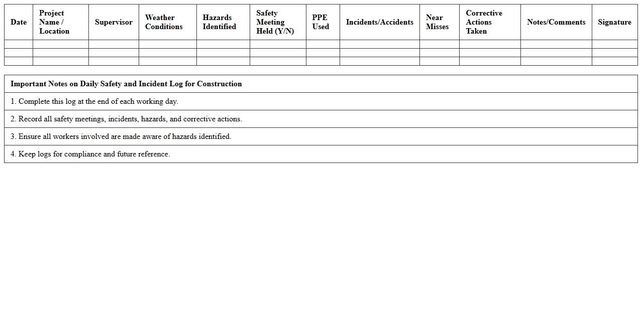 Daily Safety and Incident Log for Construction Excel