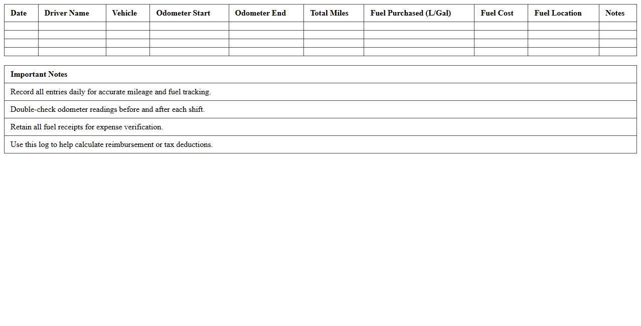 Delivery Driver Fuel and Mileage Log Excel Template