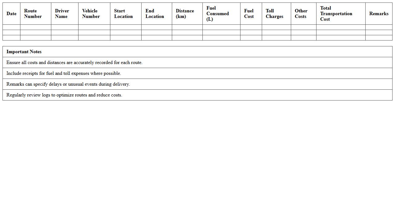Delivery Route Transportation Cost Log Excel Sheet
