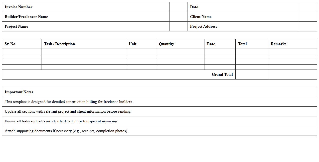 Detailed Construction Billing Invoice Excel Template for Freelance Builders