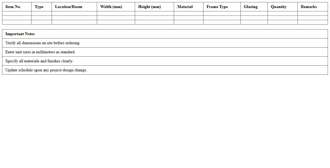 Door and Window Schedule Quantities Excel Template