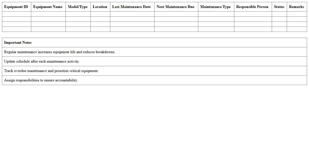 Equipment Maintenance Schedule Excel Tracker for Construction