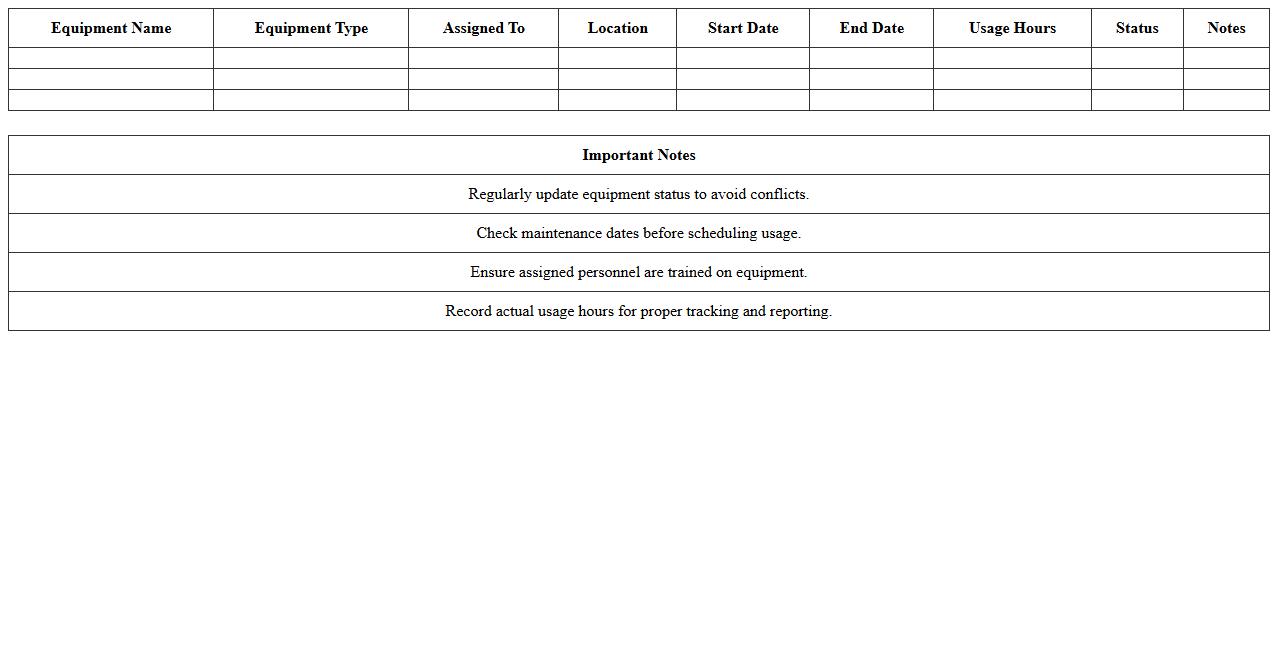 Equipment Usage Calendar for Construction Sites