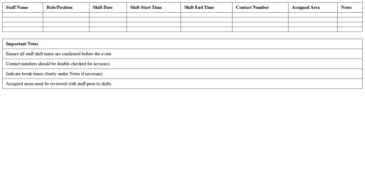 Event Venue Staff Roster Excel Template