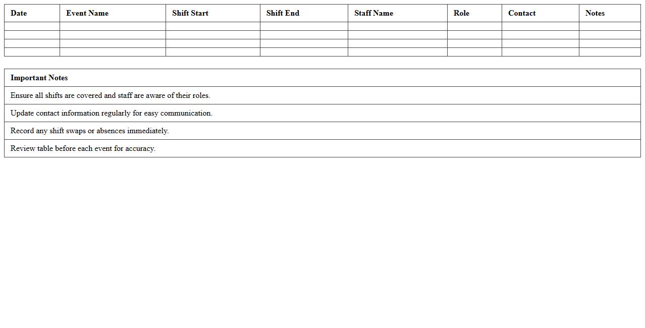 Event Venue Staff Shift Excel Organizer