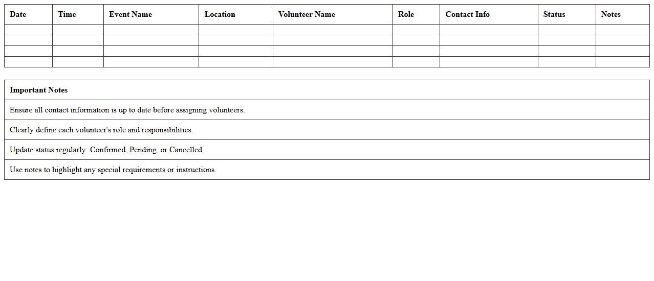 Event Volunteer Coordination Calendar Excel Template