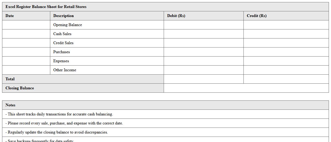 Excel Register Balance Sheet for Retail Stores