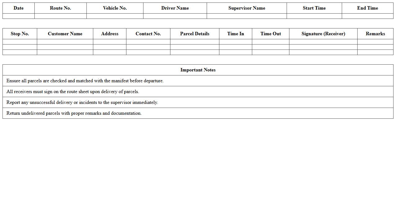 Express Parcel Delivery Route Sheet