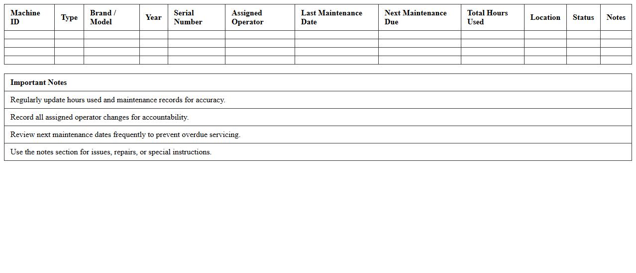 Farm Machinery Tracking Spreadsheet Template