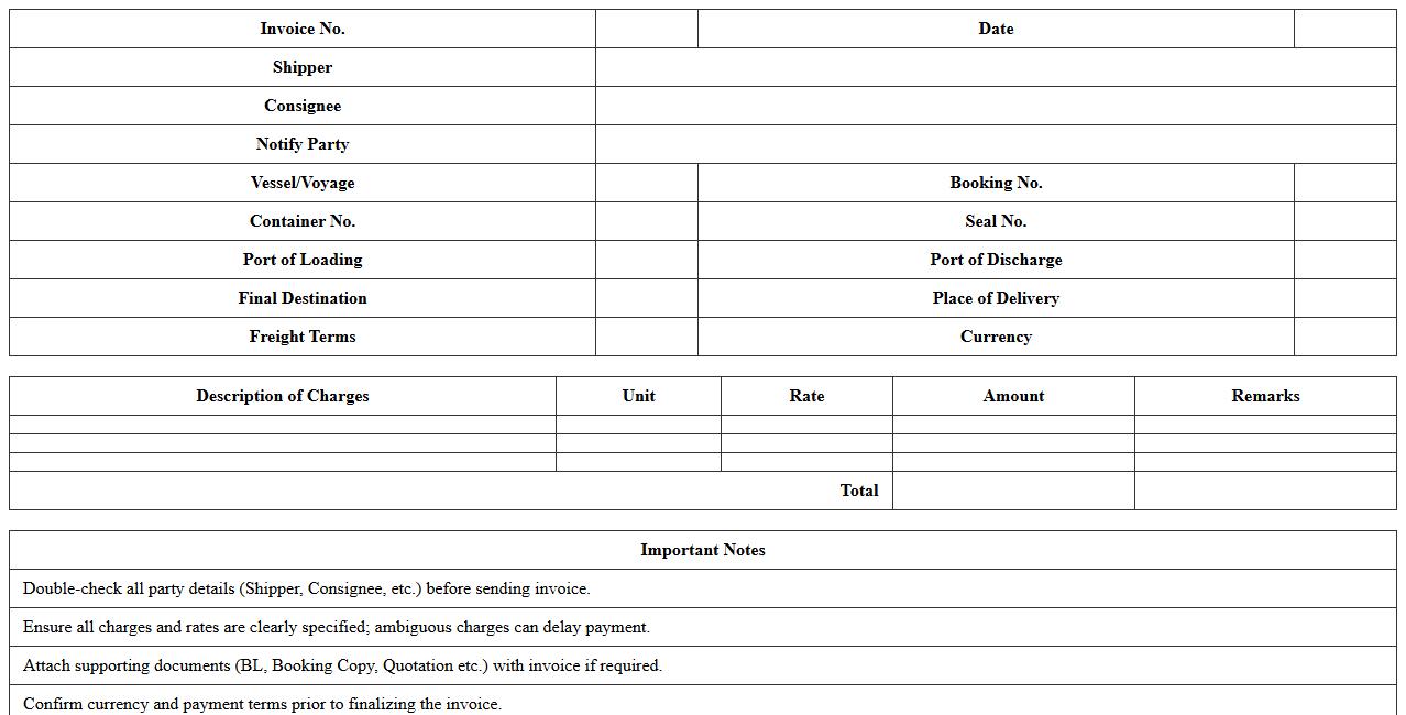 FCL Freight Invoice Excel Template for Forwarders