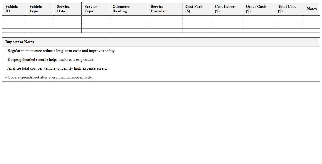 Fleet Maintenance Cost Analysis Excel Spreadsheet