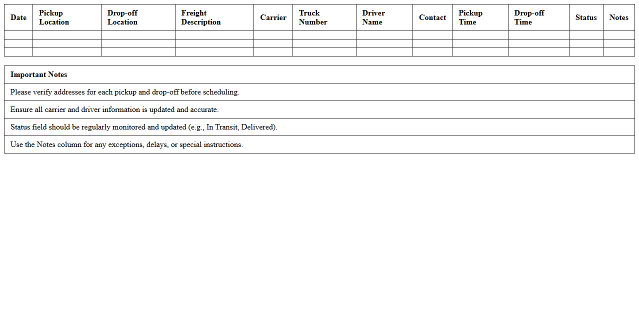 Freight Pickup and Drop-off Excel Tracker