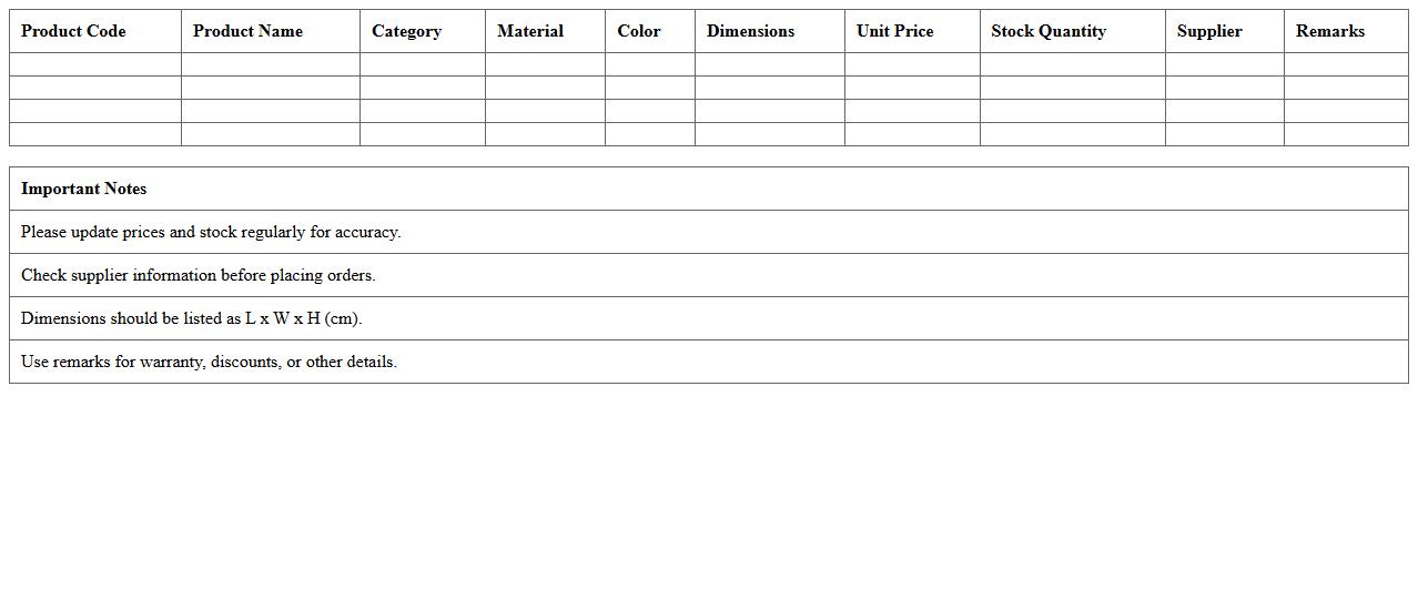 Furniture Showroom Product Price List Excel