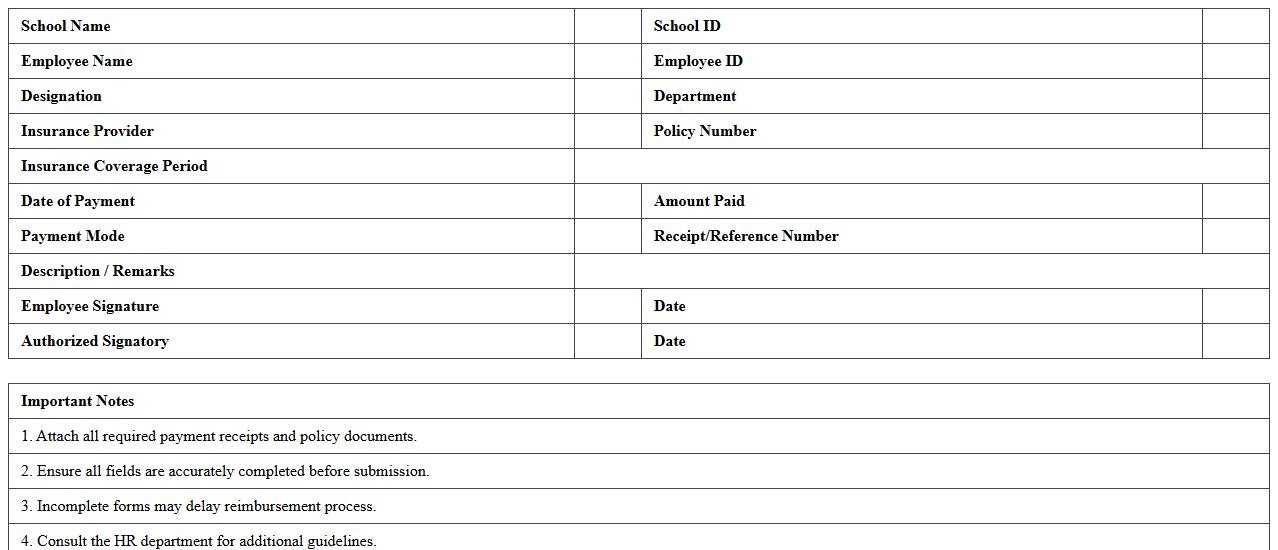 Health Insurance Payment Reimbursement Form for Schools