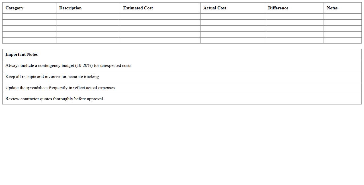 Home Renovation Detailed Budget Excel Spreadsheet