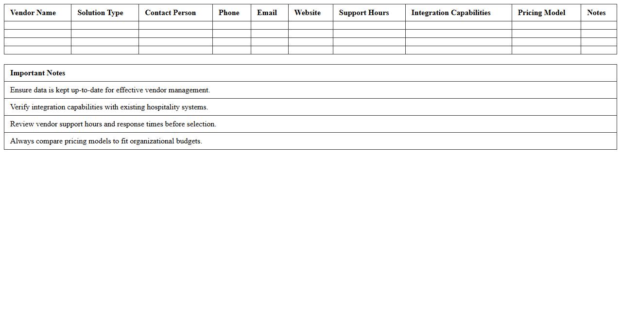 Hospitality Technology Solutions Vendor List Excel Template