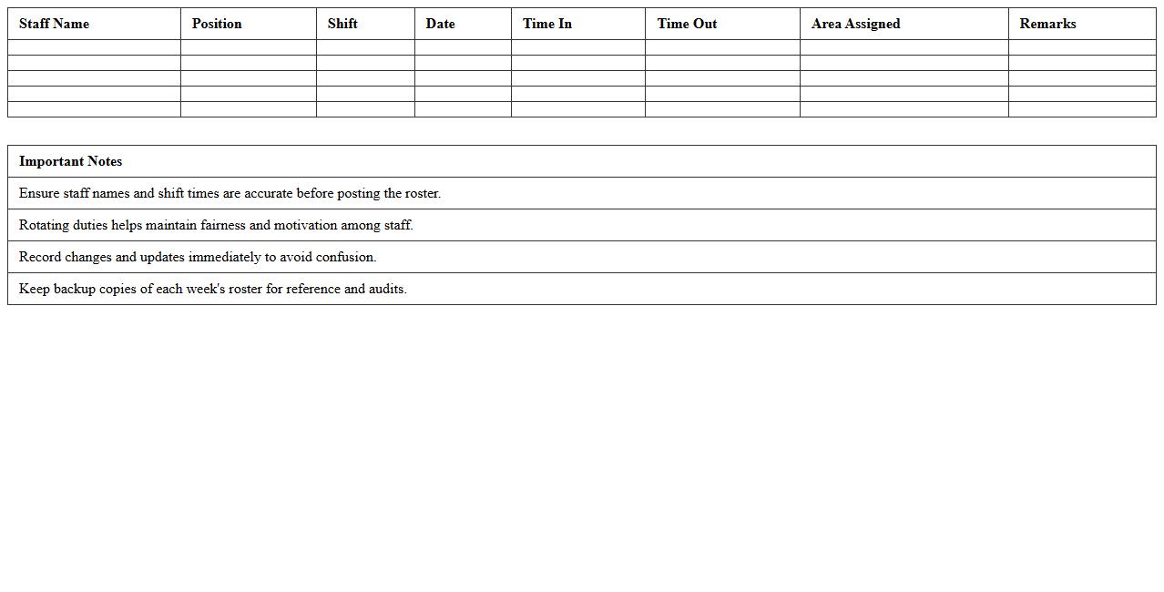 Housekeeping Staff Duty Roster Spreadsheet