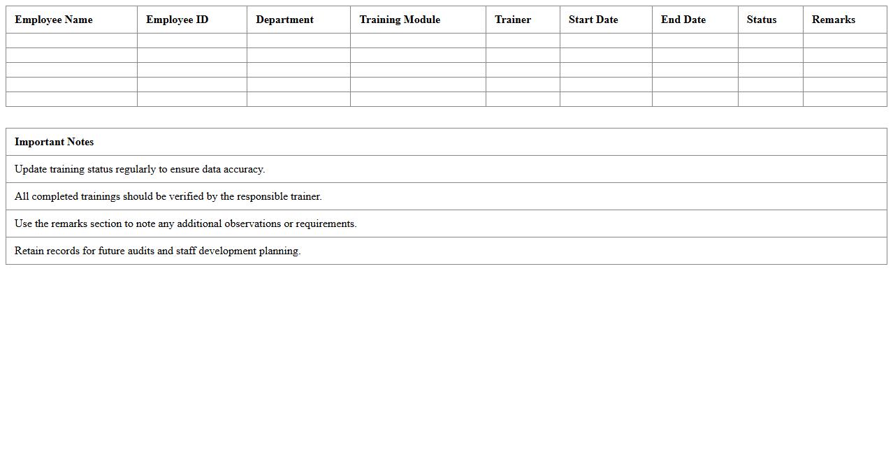 Housekeeping Training Progress Excel Tracker