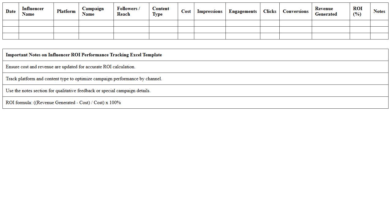 Influencer ROI Performance Tracking Excel Template