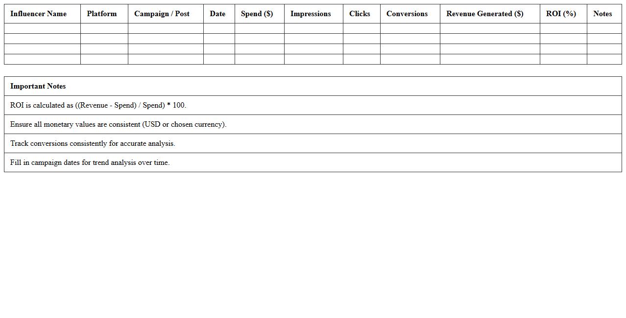 Influencer Spend vs. Revenue Analysis Template