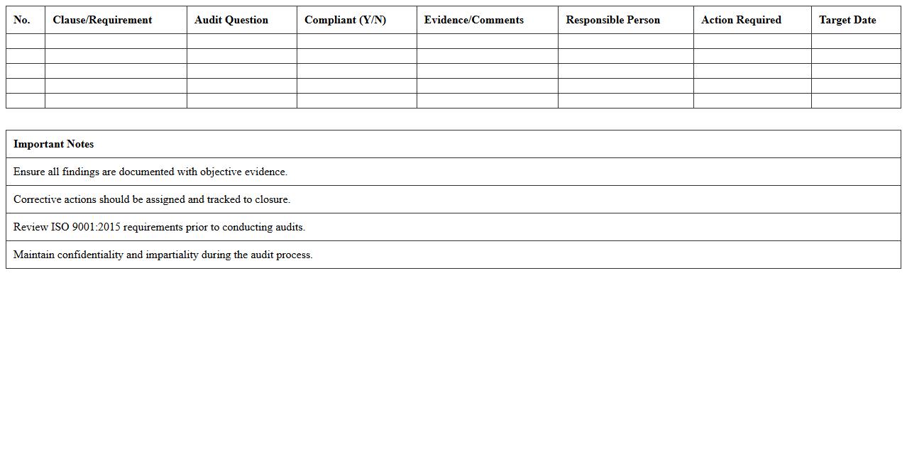 ISO 9001 Manufacturing Compliance Audit Checklist Excel