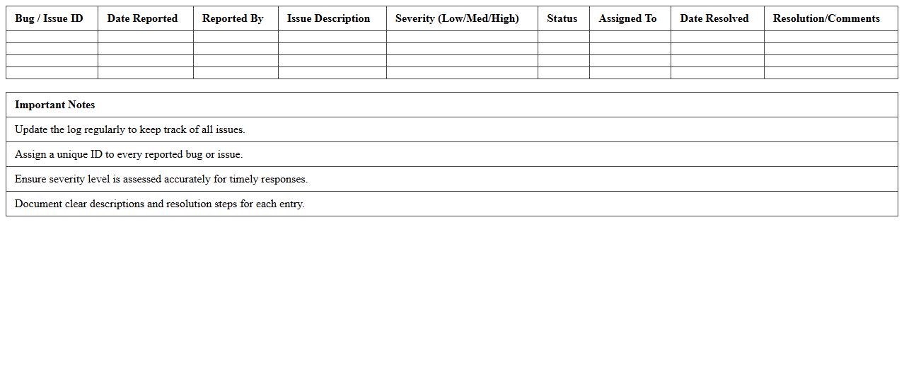 IT Bugs & Issues Log Excel Template