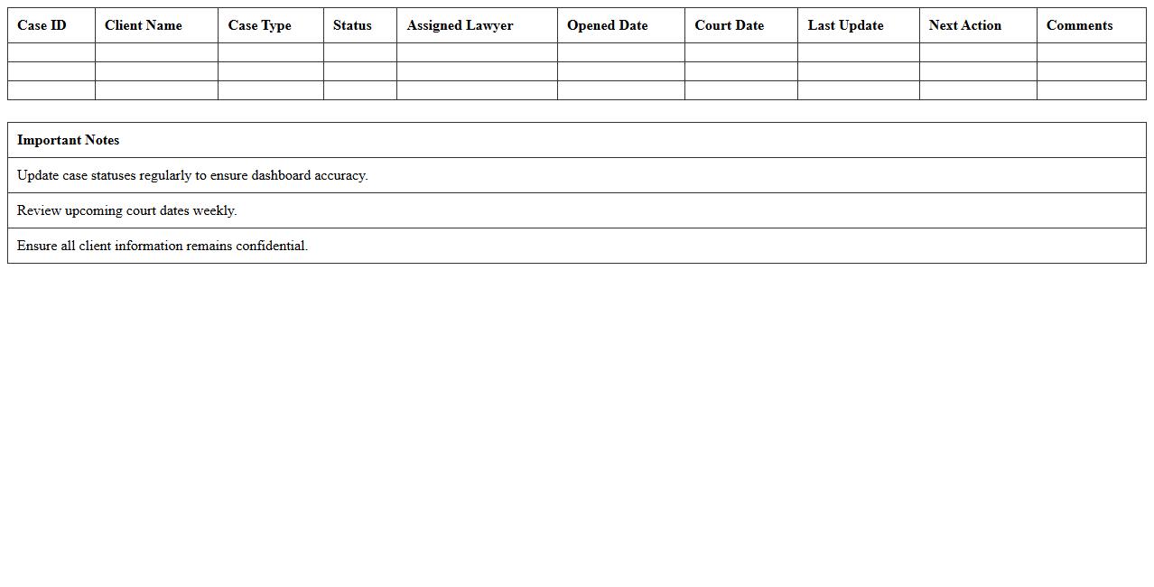 Law Firm Active Cases Dashboard Excel