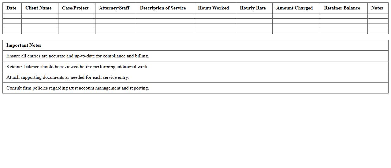 Law Practice Retainer Usage Log Excel