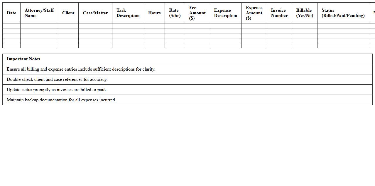 Legal Billing and Expense Log Excel Sheet