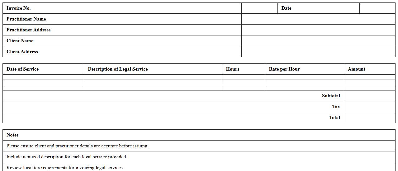 Legal Consultation Invoice Excel Template for Individual Practitioners