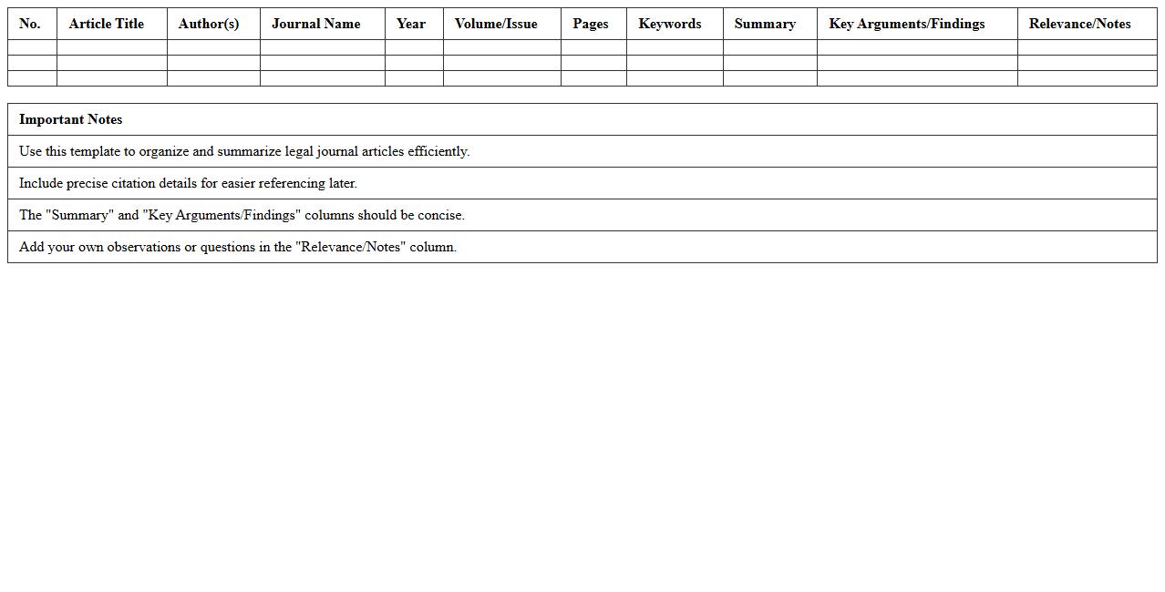 Legal Journal Article Summary Excel Template
