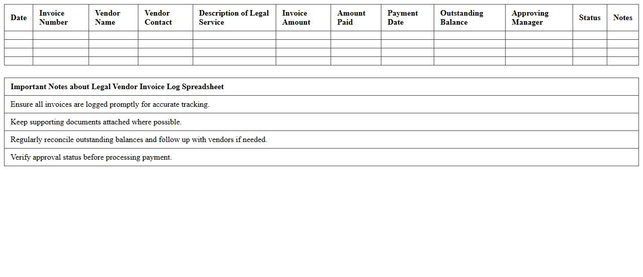 Legal Vendor Invoice Log Spreadsheet