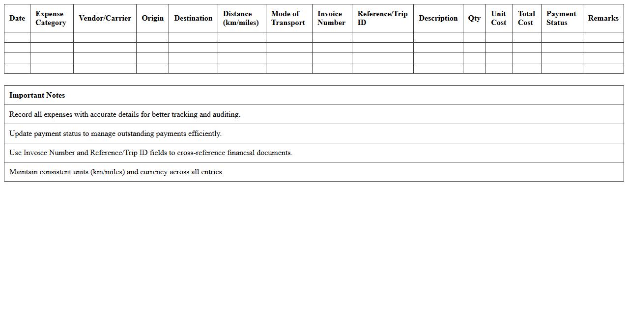 Logistics Transportation Expense Tracker Excel Spreadsheet