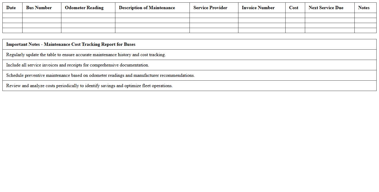 Maintenance Cost Tracking Report Excel Template for Buses