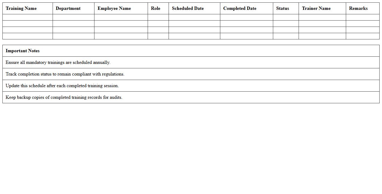 Mandatory Healthcare Training Schedule Excel Template