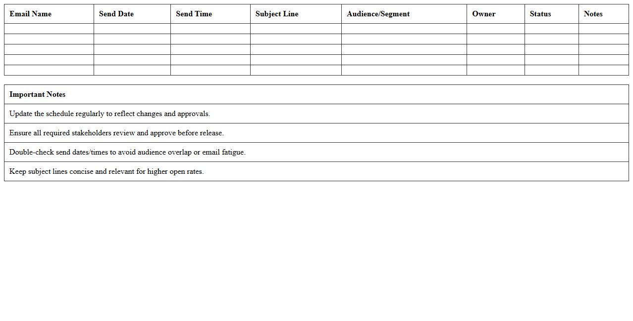 Marketing Email Release Schedule Spreadsheet