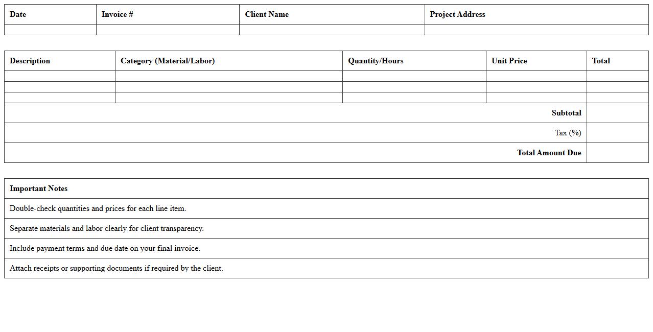 Material & Labor Cost Invoice Excel Template for Freelance Builders