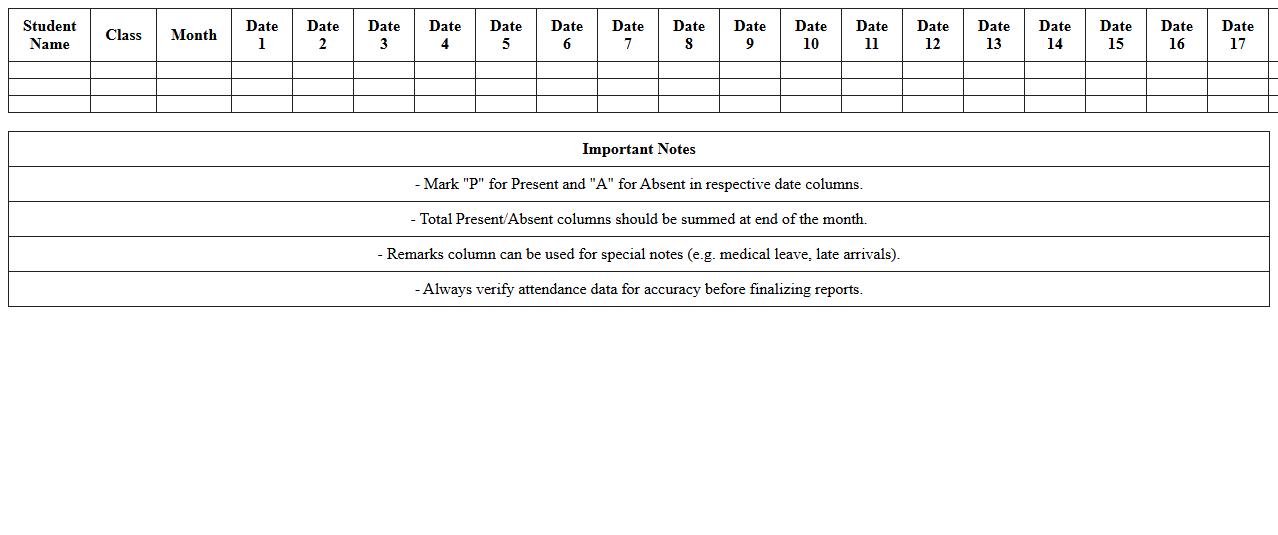 Monthly Class Attendance Report Excel