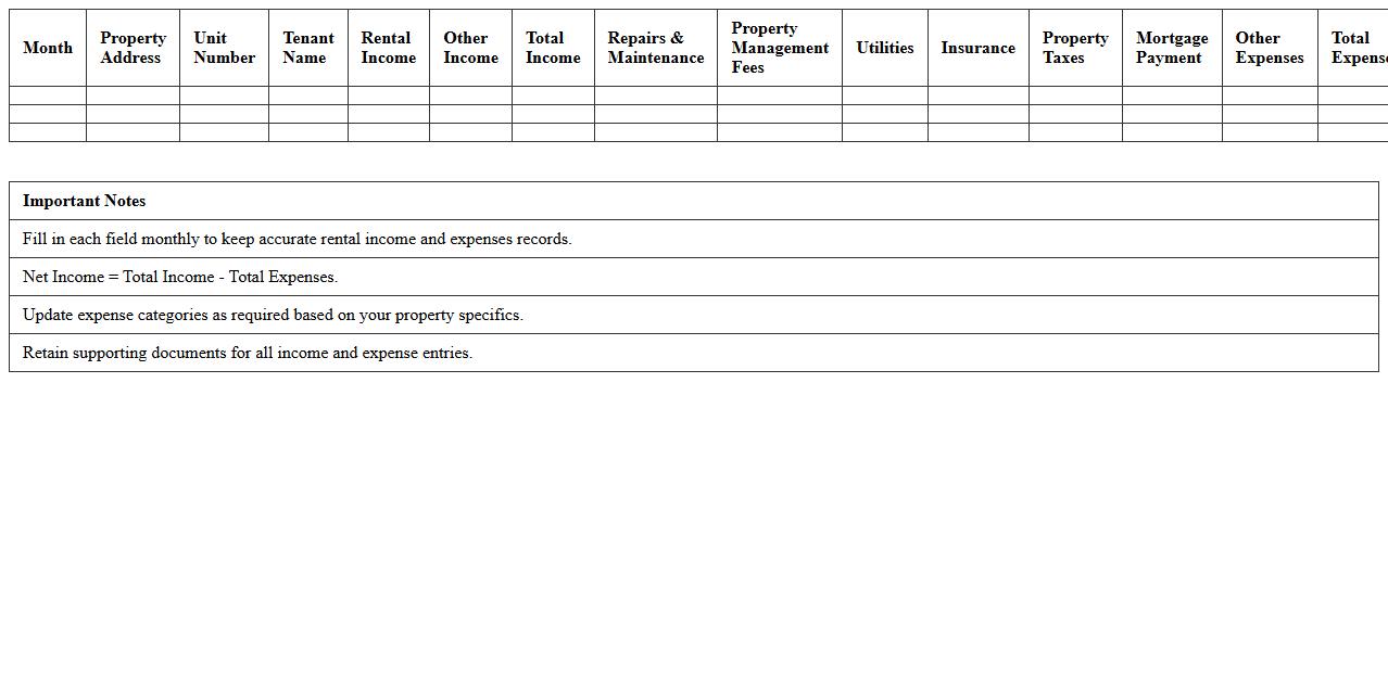 Monthly Rental Income Statement Template Excel