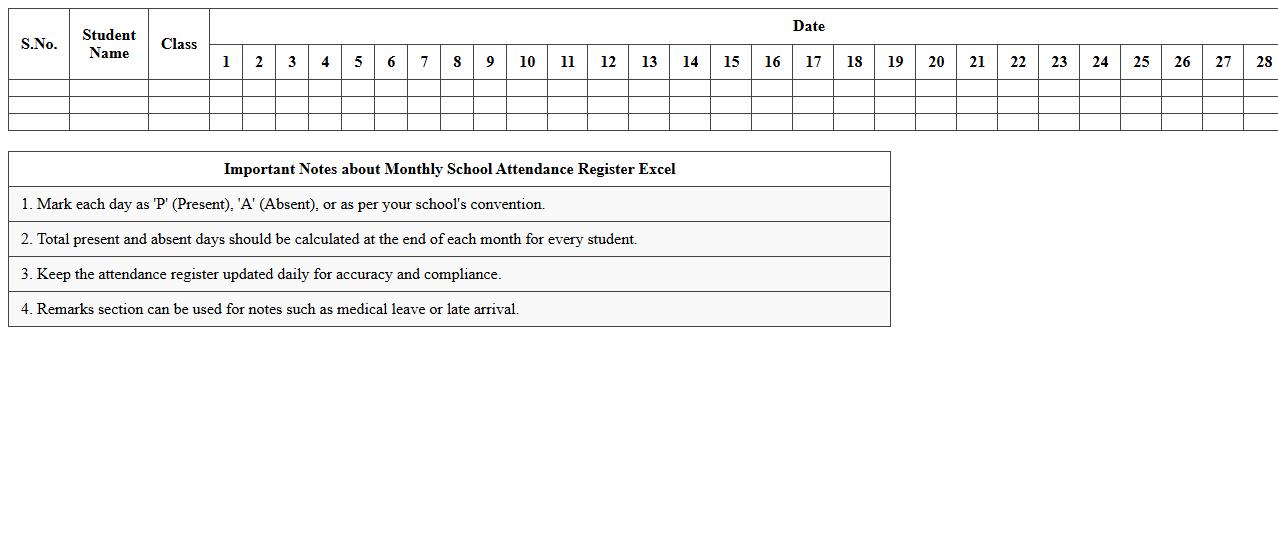 Monthly School Attendance Register Excel