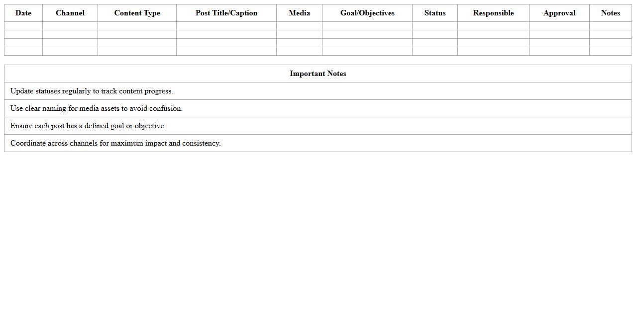 Multi-Channel Social Content Calendar Spreadsheet