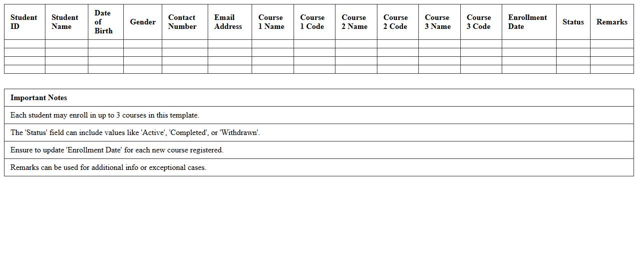 Multi-Course Student Enrollment Register