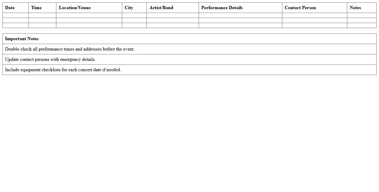 Music Concert Itinerary Excel Spreadsheet