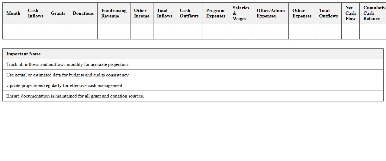 Nonprofit Cash Flow Projection Excel Template for Audits
